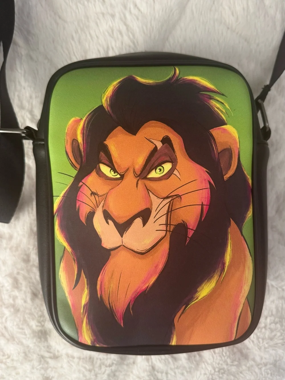 Black Crossbody Bag with Green Scar-Inspired Lion Artwork